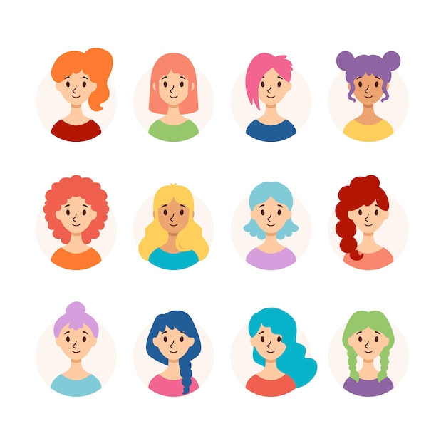 Set of beautiful women with different hairstyles and hair color. Collection of cute girls avatars. Flat style.