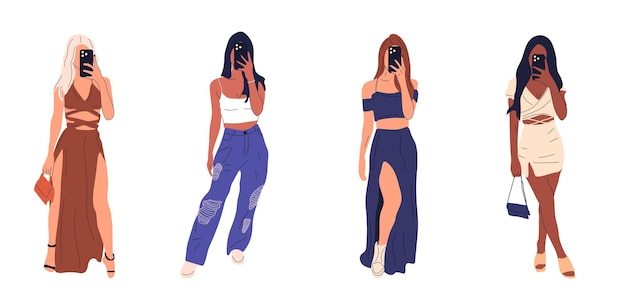 Set of Beautiful young women in a fashionable clothes takes off herself on a smartphone. Hand drawn