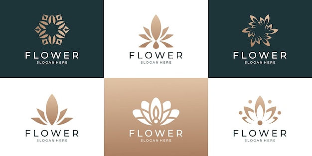 Set of beauty feminine flower lotus logo template with golden color