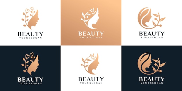 set of beauty golden woman face with nature spa fashion boutique concept