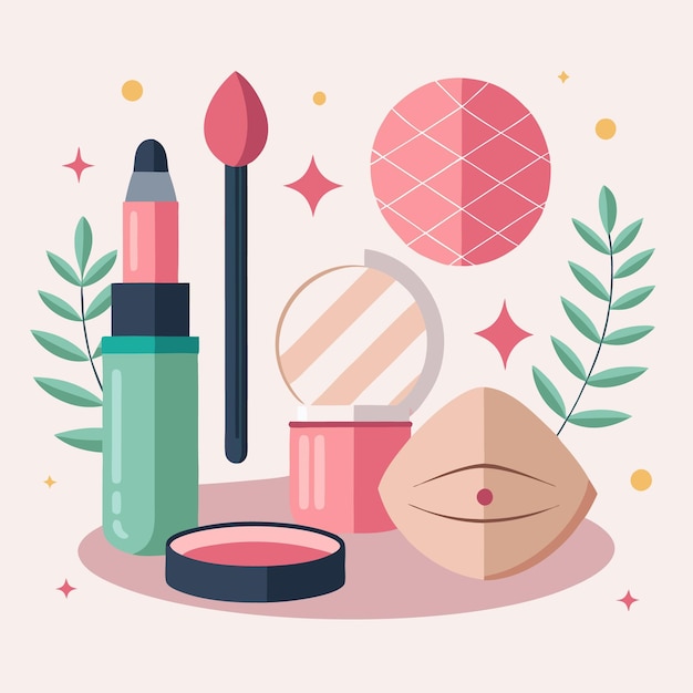 Vector a set of beauty products including lipstick blush powder and a makeup brush with leaf illustrations and stars