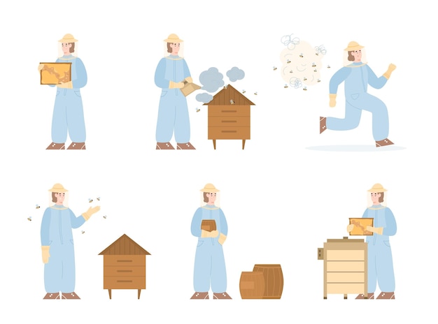 Set of beekeepers taking care of bees cartoon vector illustration isolated