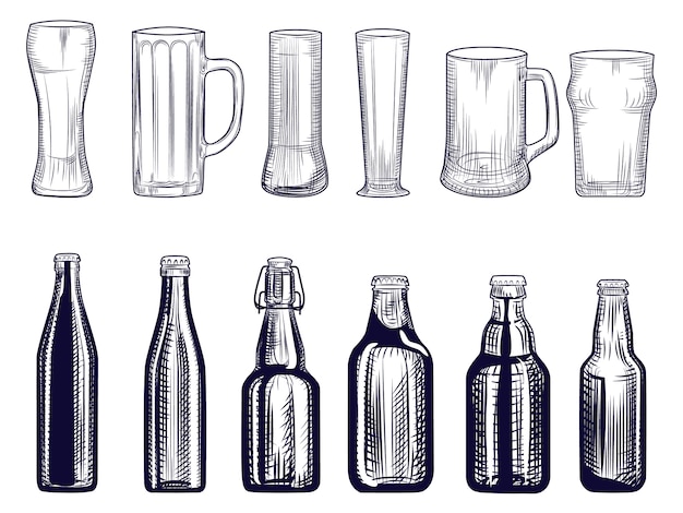 Set of beer bottles and mug. Different Beer glasses. Engraving style.