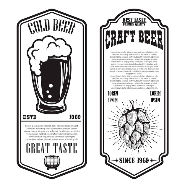 Set of beer flyers with hop and beer mug illustrations. Design element for poster, banner, sign, emblem. Vector illustration