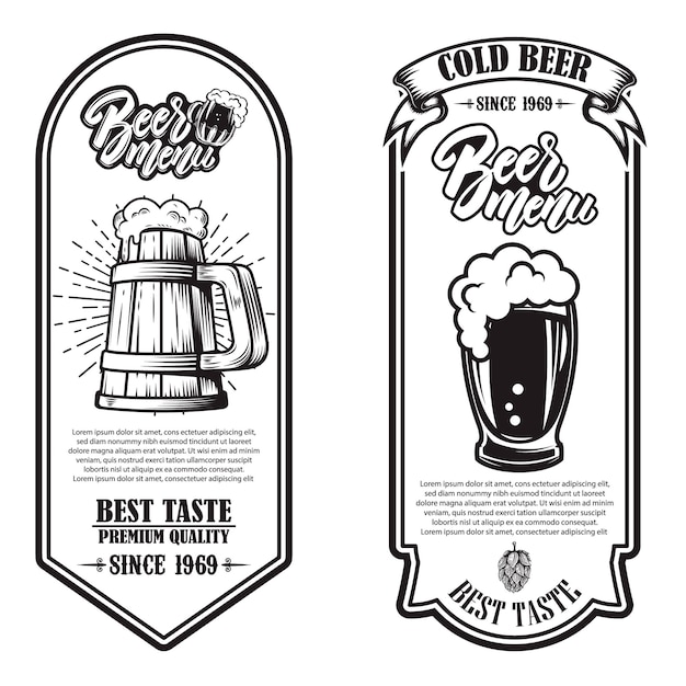 Set of beer flyers with hop illustrations. Design element for poster, banner, sign, emblem. Vector illustration