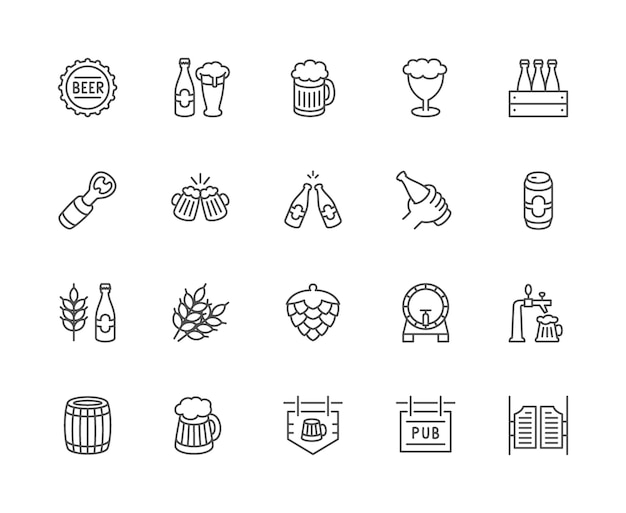 Set of Beer Line Icons. Bottle Cap, Mug, Opener, Wheat Grain, Hop Cone and more.