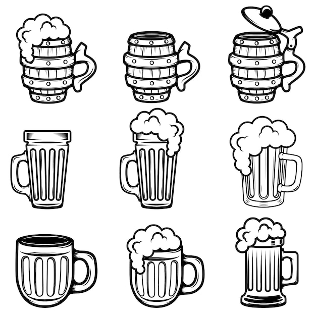 Set of beer mugs.  elements for logo, label, emblem, sign, badge.  illustration