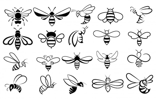 Set of bees. Collection of stylized honey bees