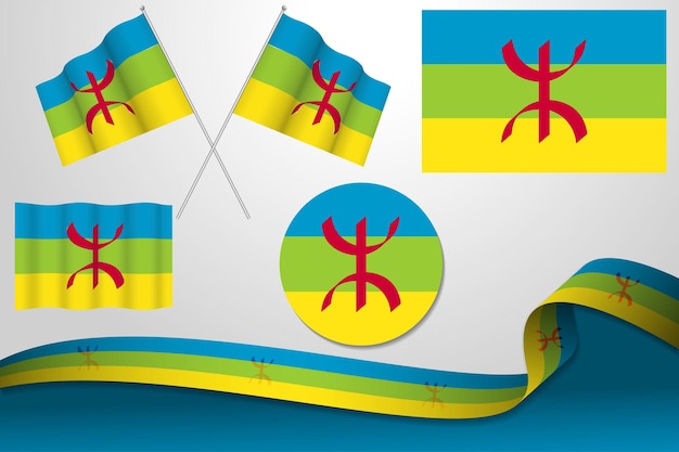 Set Of Berber, Amazigh Flags In Different Designs, Icon, Flaying Flags And Ribbon With Background.