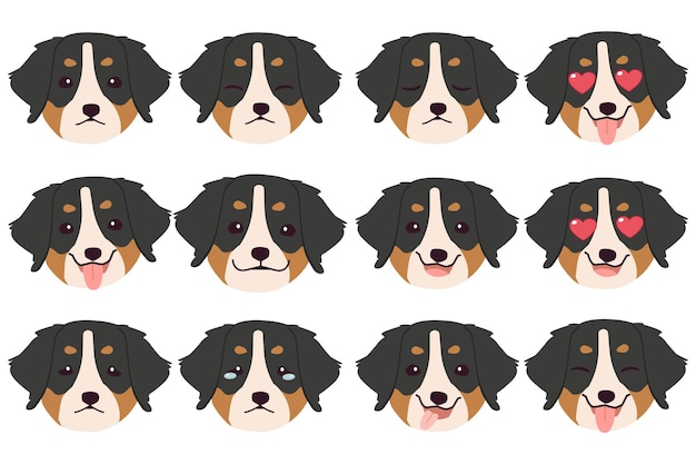 Vector set of bernese mountain dog emotions funny smiling and angry sad and delight dog face of dog