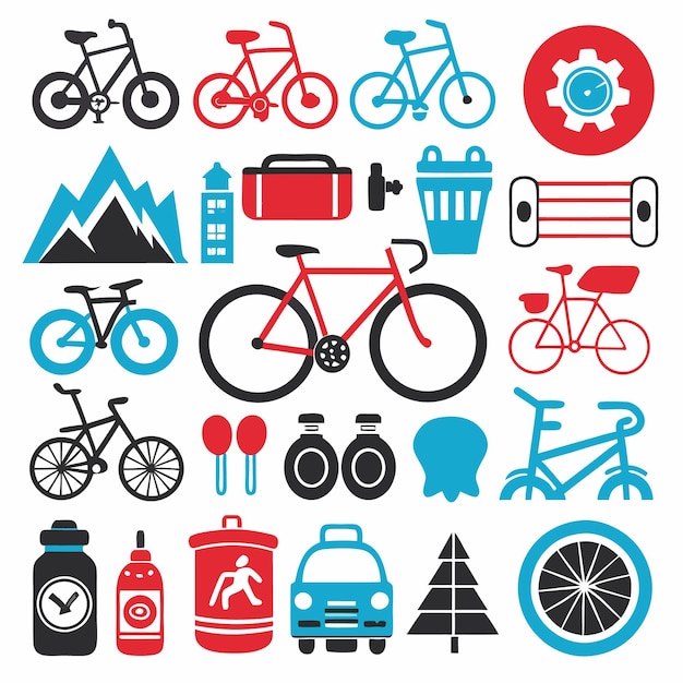 Vector set of bicycle icons including mountain road and fixie bikes as well as gear water bottle and other accessories