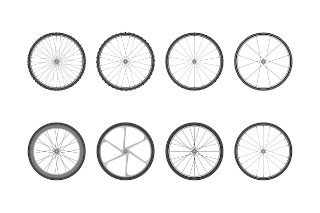 Set of bicycle wheels with different tires. Vector illustration isolated in flat style