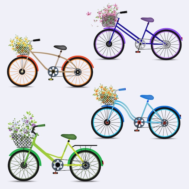 Set of bicycles with flowers bouquet in basket