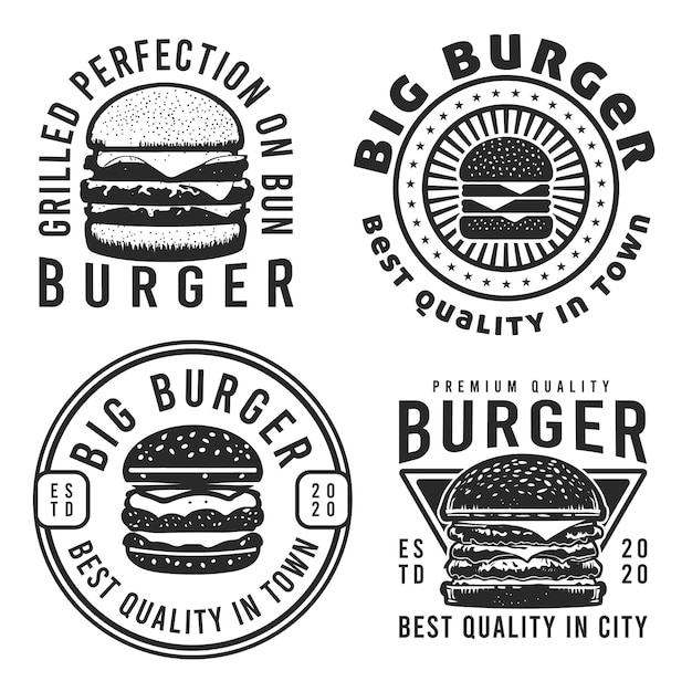 Set of big burger labels and badges in vintage style logo icons emblems and design elements