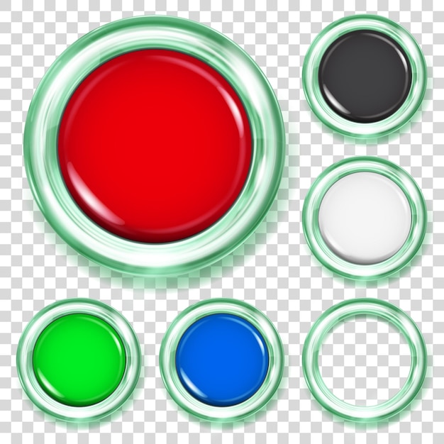 Set of big plastic buttons in various colors with light green metallic border