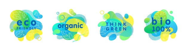 Set of bioecoorganicnatural stickerspatcheslogos with green gradient shapesFluid compositions for Earth Dayzero wasteprintslabelsflyersbanners designEco friendly lifestyle concepts