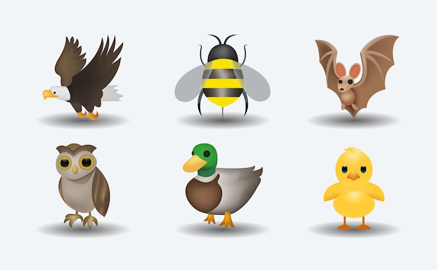 Set of birds and mammal vector emoji illustration.