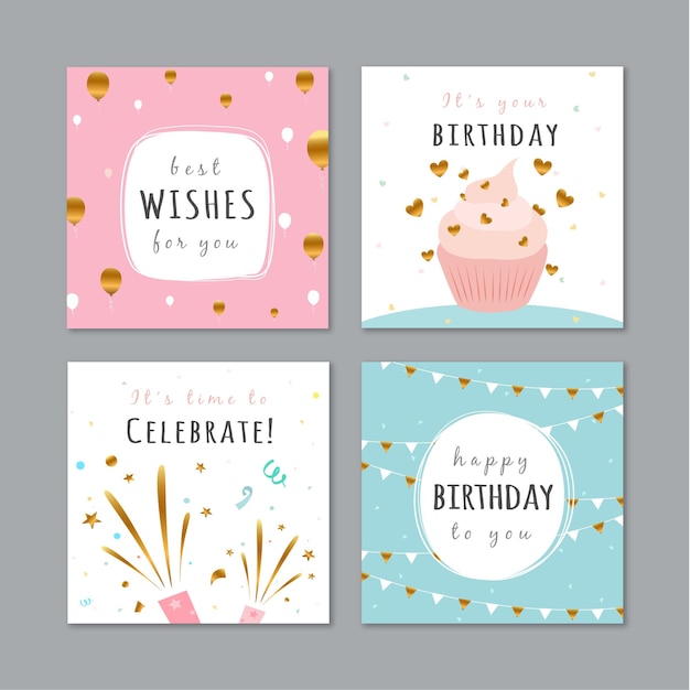 Vector set of birthday cards with colorful party elements