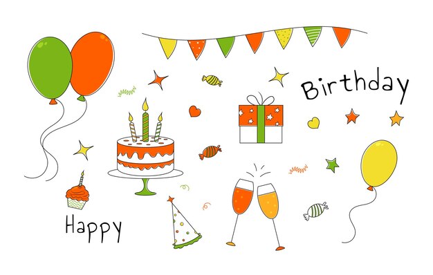 Vector set of birthday doodle elements for party invitation birthday cake with candles colorful balloons in