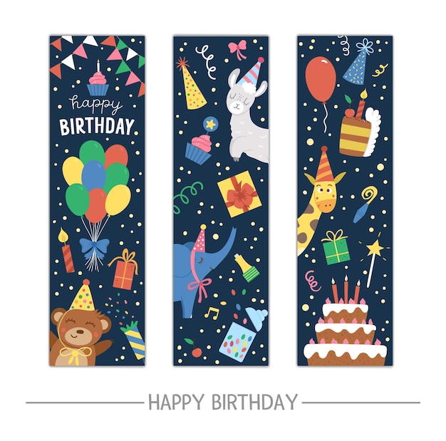 Set of Birthday party greeting card templates with cute animals on dark background. Anniversary vertical invitation for kids. Bright holiday bookmark illustration with funny characters