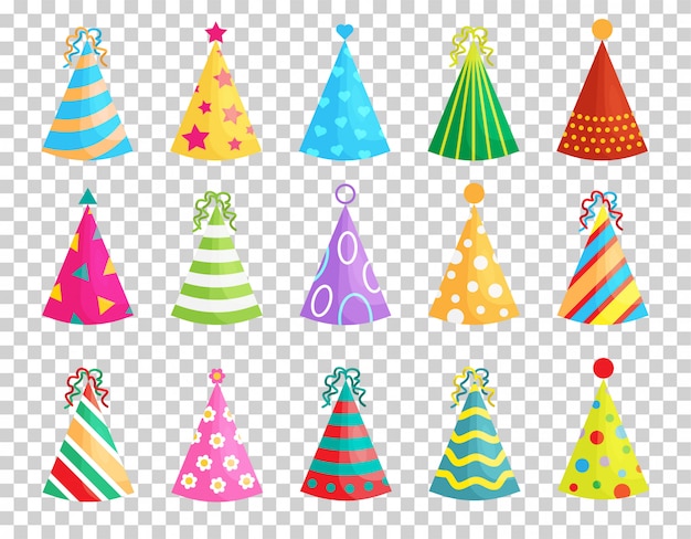 Set of Birthday party hats isolated on transparent background. party cones with cute decoration. Christmas caps collection.