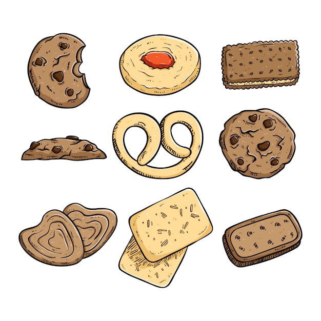 set of biscuits or cookies with colored hand drawn style