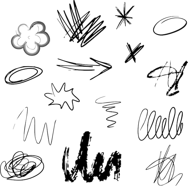 Set of black abstract shapes and scribbles arrow flower circles Hand written vector design