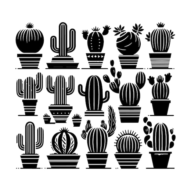 Set of Black Cactus Vector Illustration Silhouette Desert Saguaro Sky Plant Natural Dcor