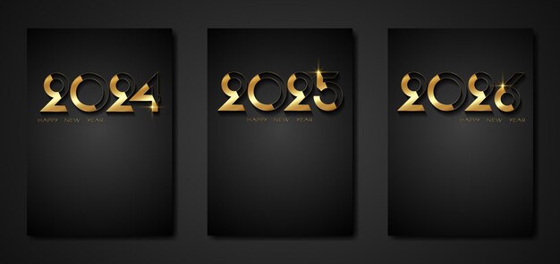 Vector set black card of new year 2024 2025 2026 in gold foil modern numbers decorative greeting cards