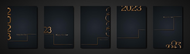 set black cards 2023 Happy New Year gold texture, golden luxury dark modern background