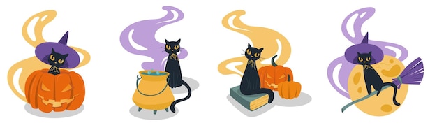 Set of black cats. A cat with burning eyes looks at you in a hat on a broomstick. The cat in the pumpkin. Brews a potion. The magic book and the moon. Vector illustration. Isolated on a white backgrou