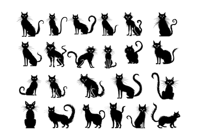 Set of black cats characters for Halloween silhouette hand drawn