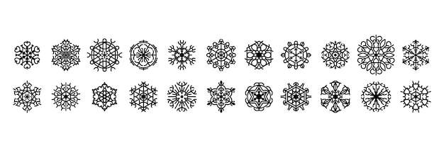 Set Black Colleciton Line Snowflake Doodle Winter Decoration Elements Vector Design Style