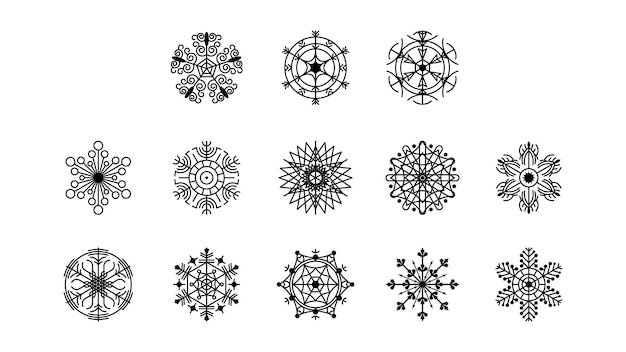 Vector set black colleciton line snowflake doodle winter decoration elements vector design style