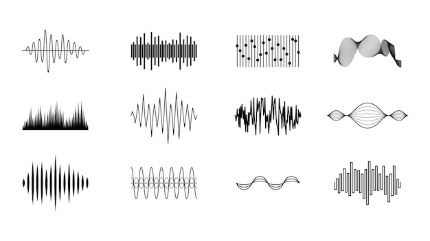 Set Black Collection Abstract Elements Audio Waves Voice Sound Music Shapes Vector Design Style