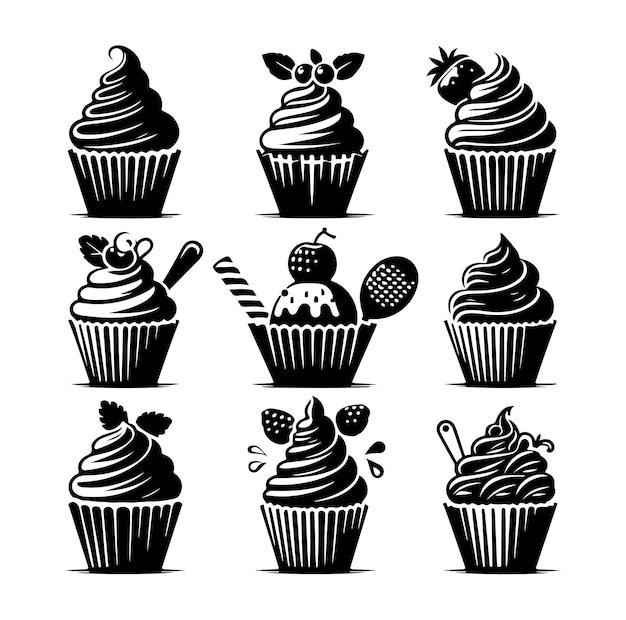 Vector set of black cupcakes silhouette vector illustration