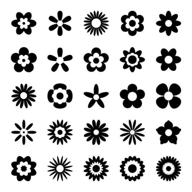 Set of Black Flower Icons Isolated on White