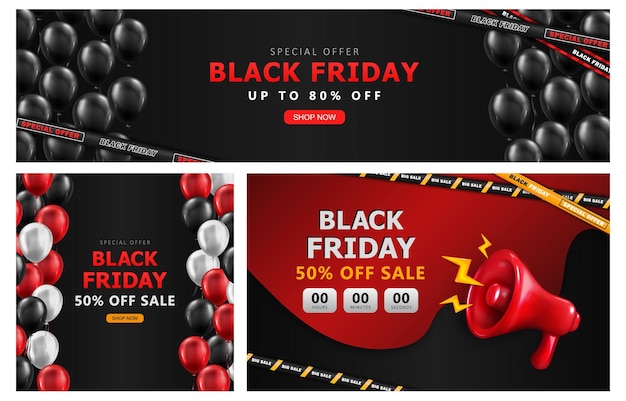 Vector set of black friday advertising banners with sale countdown red megaphone ribbons and balloons