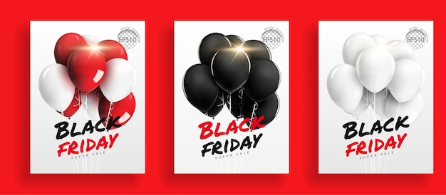 Set of Black friday super sale background Red black and white balloons with rope on white background Design for poster banner card 3d realistic vector illustration