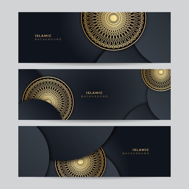 Vector set of black gold islamic ramadan kareem banner background. gold lantern, mandala pattern, mosque, moon and abstract luxury islamic elements background. vector illustration