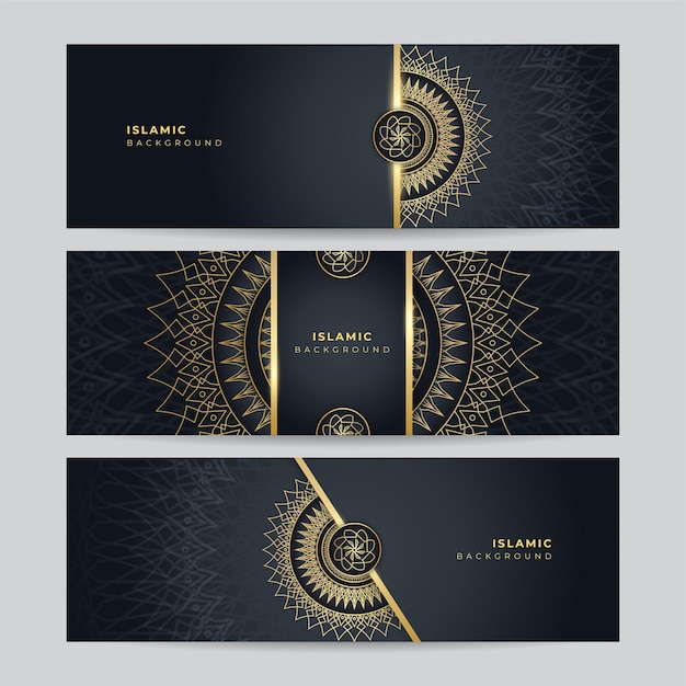 Set of black gold Islamic Ramadan Kareem banner background. Gold lantern, mandala pattern, mosque, moon and abstract luxury islamic elements background. Vector illustration