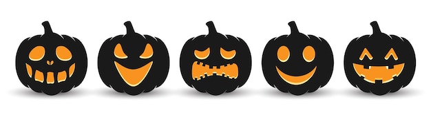 Vector set black halloween pumpkins sinister carved faces white background pumpkins has a unique expression