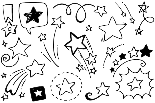 Set of black hand drawn doodle stars in isolated on white background