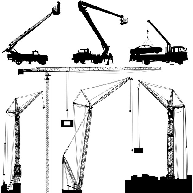 Set of black hoisting cranes isolated on white background Vector illustration