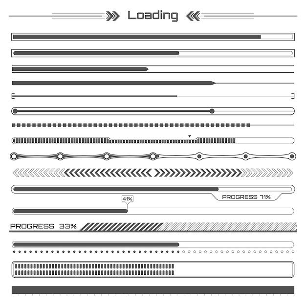 Set of black hud loading lines infographic elements. 