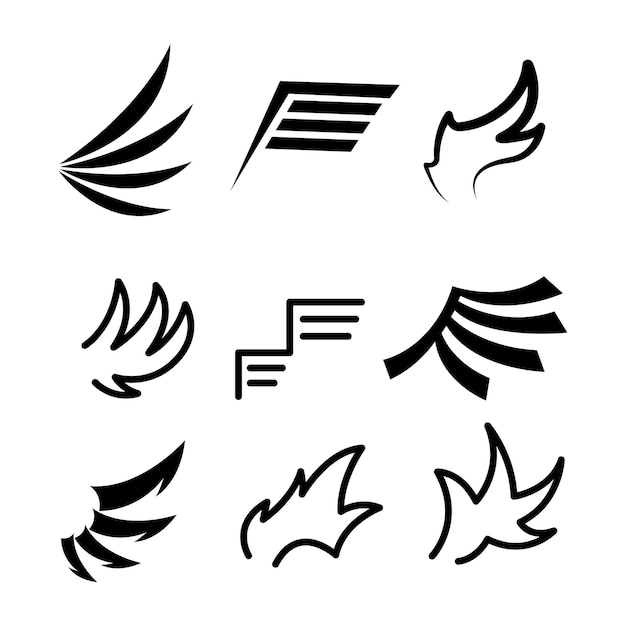 Set Black Line Flat Collection Wings Vector Icon Feather Design Style Decoration Cartoon