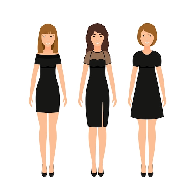 Set of black little dresses on women Elegant cocktail dress on mannequins isolated on a white background