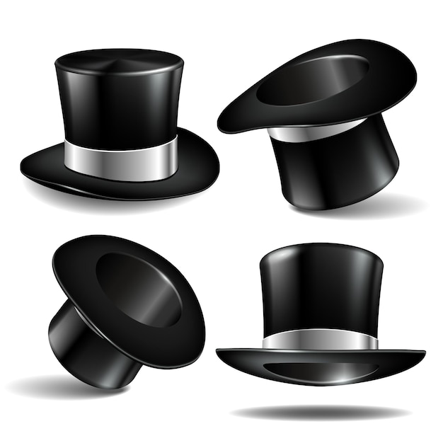 Set of black magician cylinder hats with white ribbon Magic hats isolated on white background