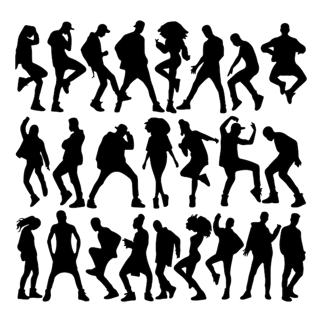 Vector a set of black men and women street dance hip hop dancers in silhouette with white background