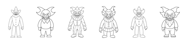 Vector set of black outlines of evil clowns with creepy grins isolated on a white background concept of halloween circus performer horror spooky character print art design element illustration